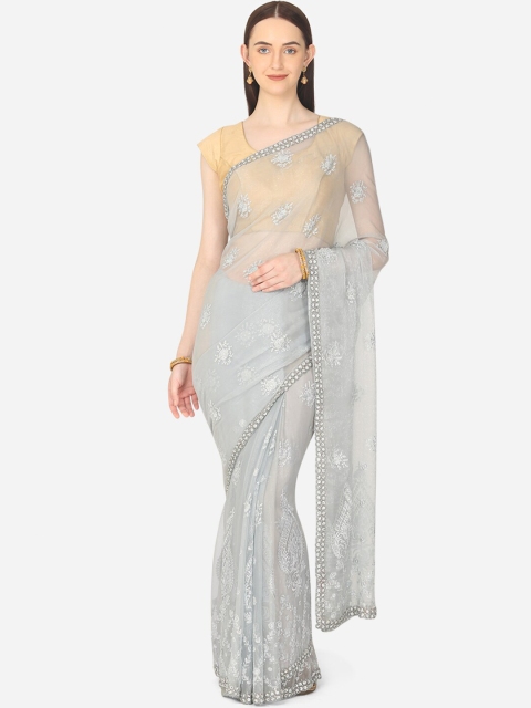

BOMBAY SELECTIONS Grey & Silver-Coloured Ethnic Motifs Embroidered Tissue Tussar Saree