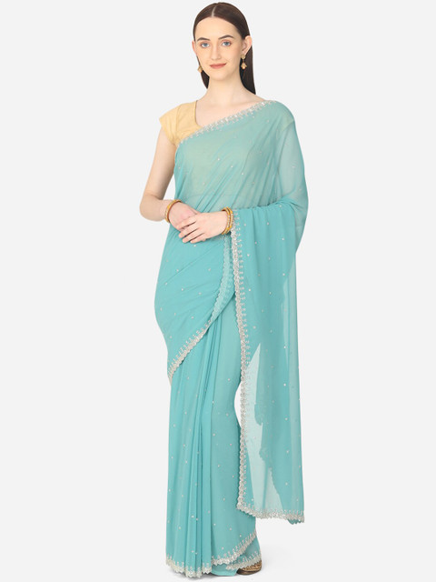 

BOMBAY SELECTIONS Sea Green & Silver-Toned Embellished Chanderi Saree