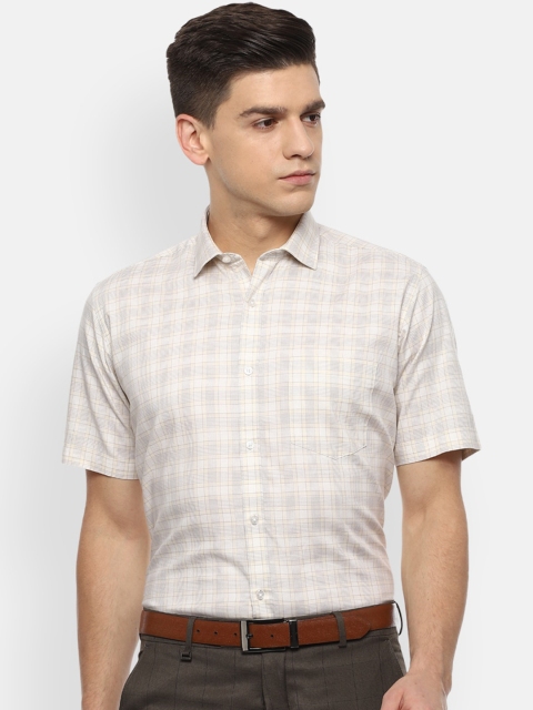 

Van Heusen Men Cream-Coloured & Brown Opaque Checked Pure Cotton Formal Shirt