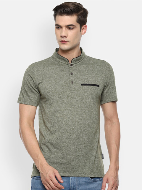 

V Dot Men Olive Green High Neck Pockets Slim Fit T-shirt