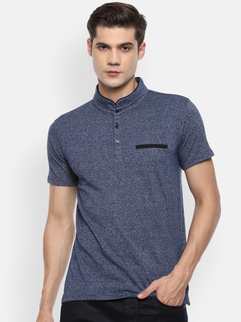 

V Dot Men Blue Mandarin Collar Pockets Slim Fit T-shirt