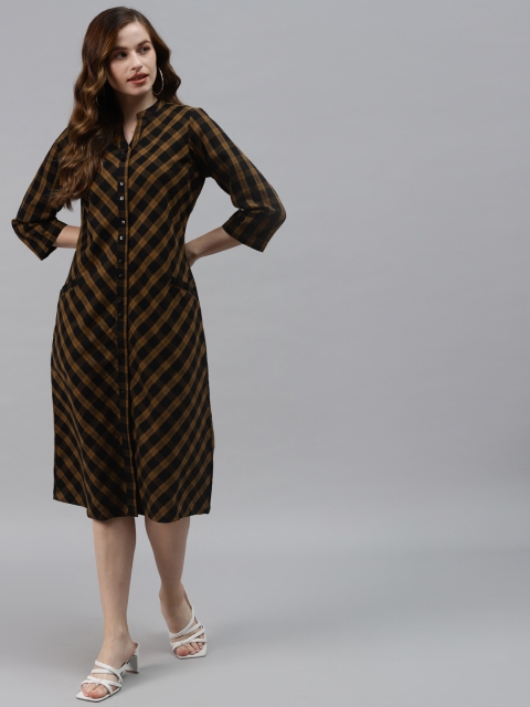 

Ayaany Mustard Yellow & Black Checked Shirt Dress