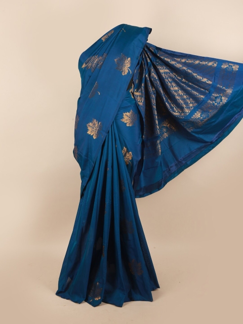 

Pothys Blue & Gold-Toned Floral Zari Silk Cotton Saree