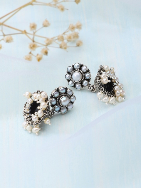 

Fabindia Silver-Toned & Blue Dome Shaped Drop Earrings