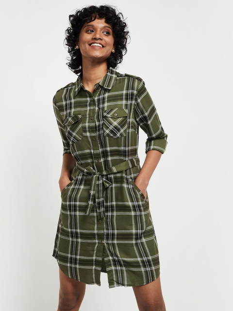 

max Green & Black Checked Shirt Dress