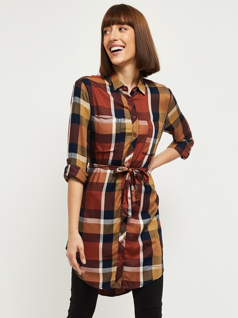

max Brown & Navy Blue Viscose Rayon Shirt Collar Checked Tunic