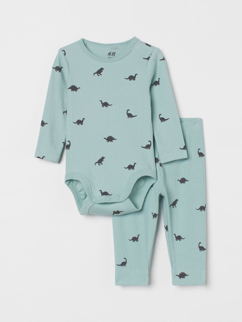 

H&M Kids Girls Turquoise Blue & Black Ribbed Cotton Set