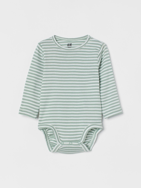 

H&M Kids Girls Green & White Striped Long-Sleeved Bodysuit