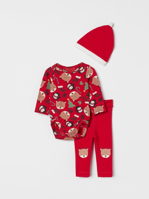 

H&M Kids Girls Printed 3-piece Cotton Set, Red