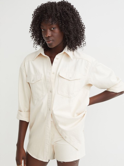 

H&M Women White Solid Denim Shirt