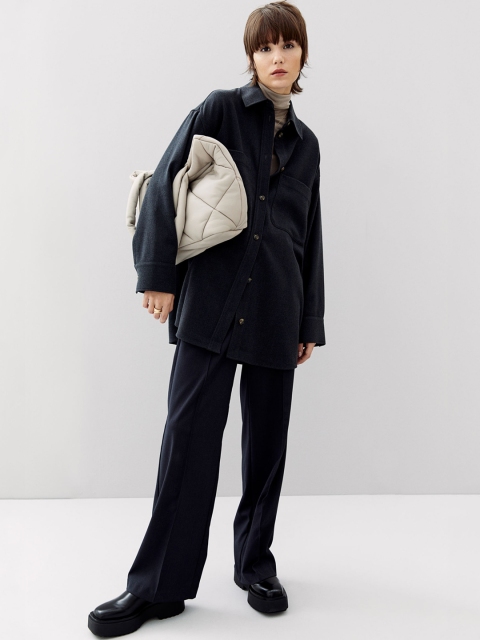 

H&M Women Grey Solid Twill Shirt Jacket
