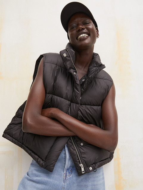 

H&M Women Black Self Design Stand-Up-Collar Puffer Gilet