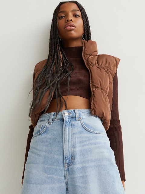 

H&M Women Brown Self Design Cropped Gilet