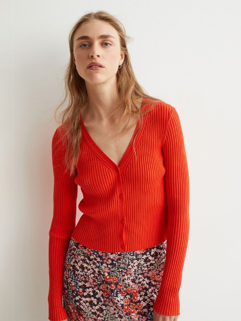 

H&M Women Red Rib-Knit Cardigan