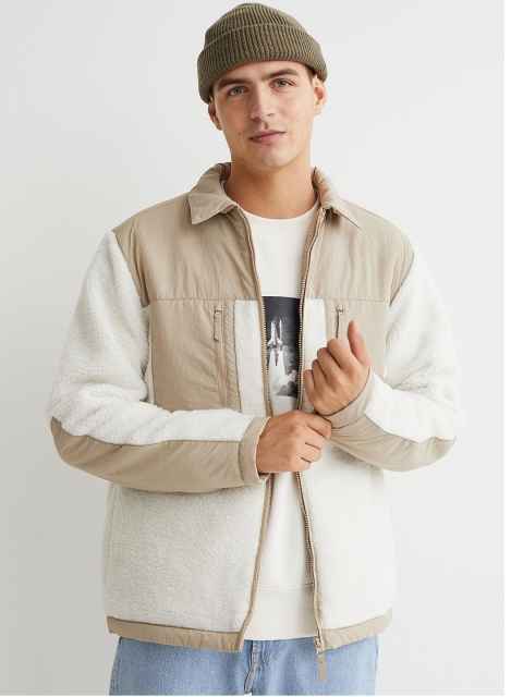

H&M Men White & Beige Regular Fit Faux Shearling Shirt Jacket
