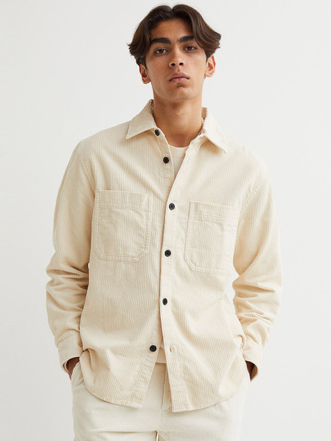 

H&M Men Creame Colored Solid Regular Fit Corduroy Shirt Jacket, Cream