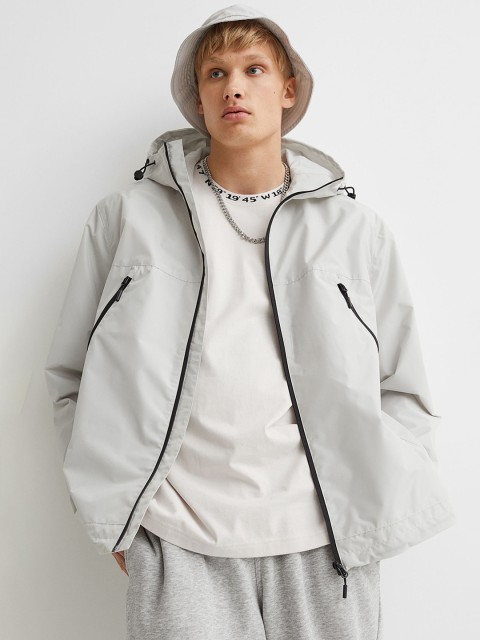 

H&M Men Grey Solid Hooded Water-Repellent Windbreaker