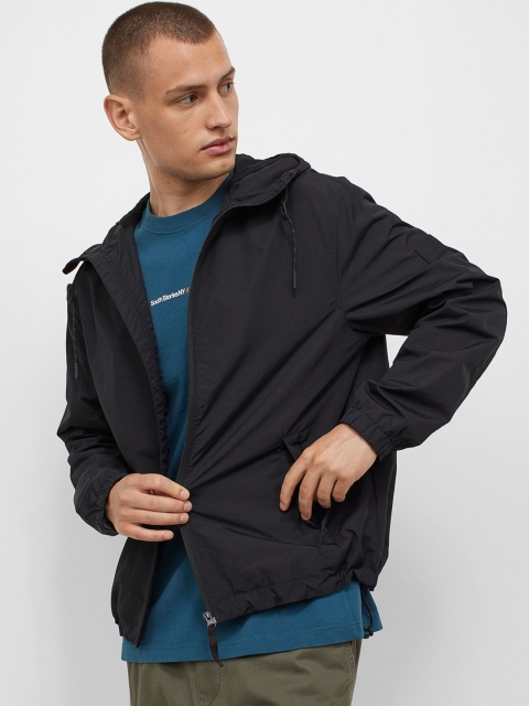 

H&M Men Black Solid Hooded Nylon Windbreaker