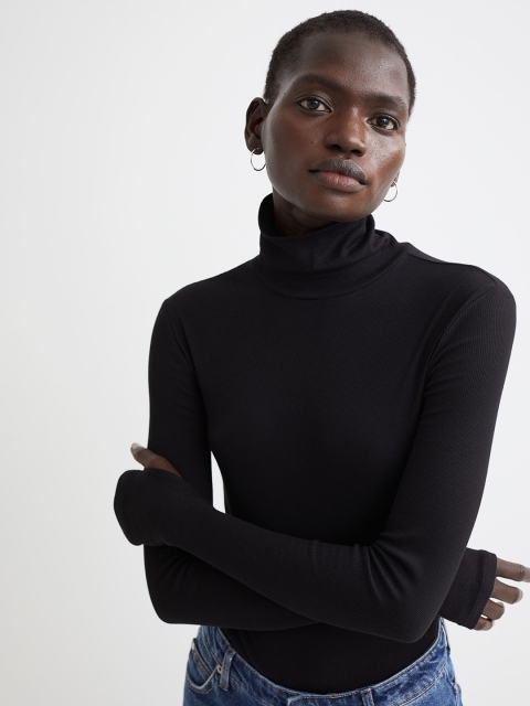 

H&M Women Black Ribbed Polo-Neck Body