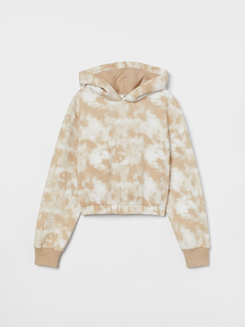 

H&M Girls Beige & White Tie-Dye Print Cropped Hooded Top