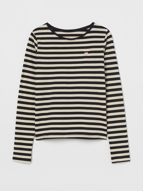 

H&M Girls Beige & Black Striped Cotton Jersey Top