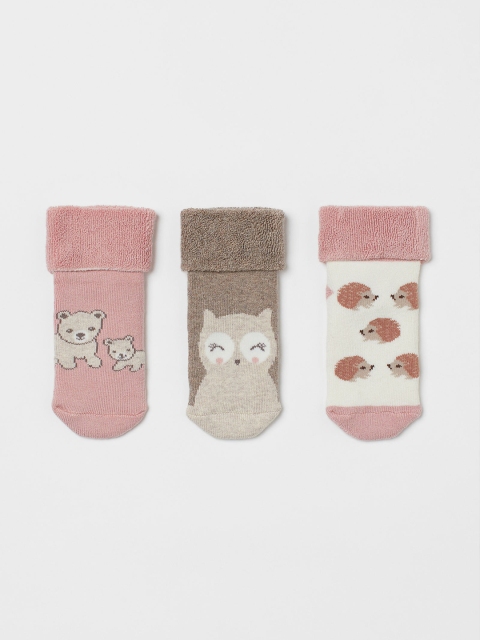 

H&M Girls Pink & Brown Patterned 3-Pack Terry Socks