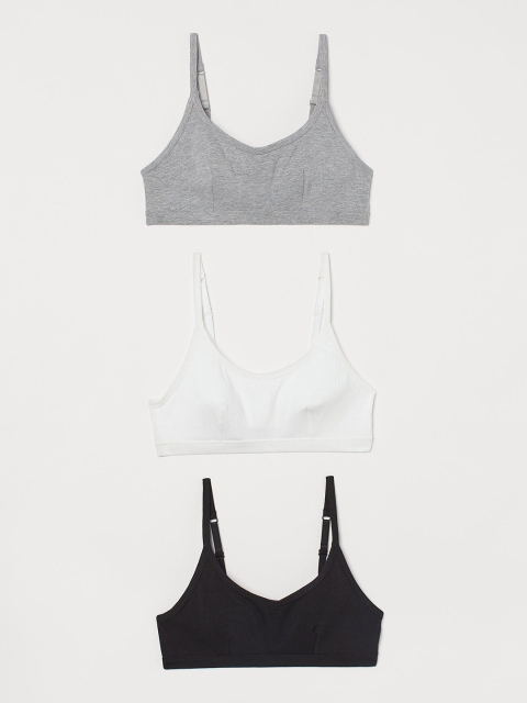

H&M Woman White Black & Grey 3-pack soft cotton bras-0935235005