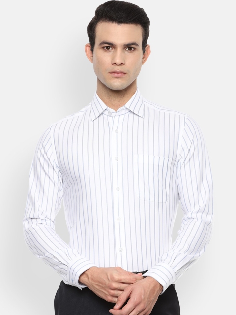 

Louis Philippe Permapress Men White & Blue Opaque Striped Pure Cotton Formal Shirt