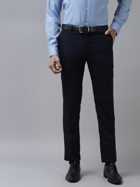 

Blackberrys Men Navy Blue Checked Low-Rise B-91 Skinny Fit Formal Trousers