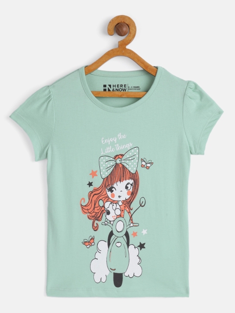 

HERE&NOW Girls Green Printed Pure Cotton T-shirt
