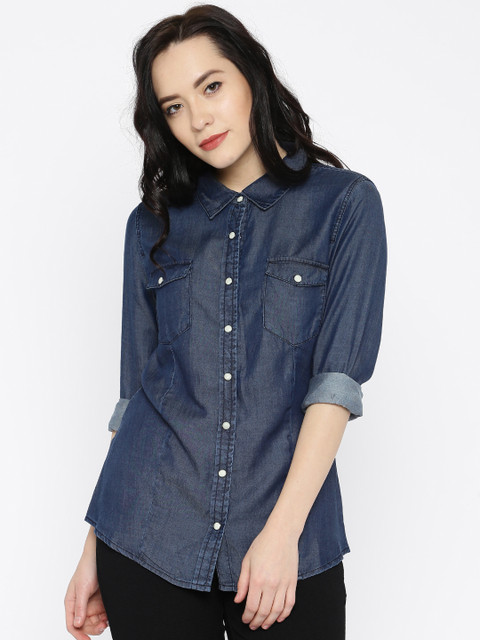 

ONLY Women Blue Denim Regular Fit Solid Casual Shirt