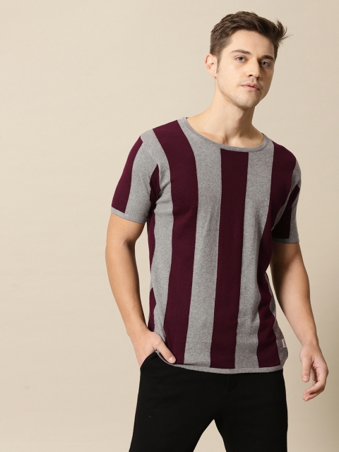 

Mr Bowerbird Men Burgundy & Grey Melange Tailored Fit Striped Cotton T-shirt