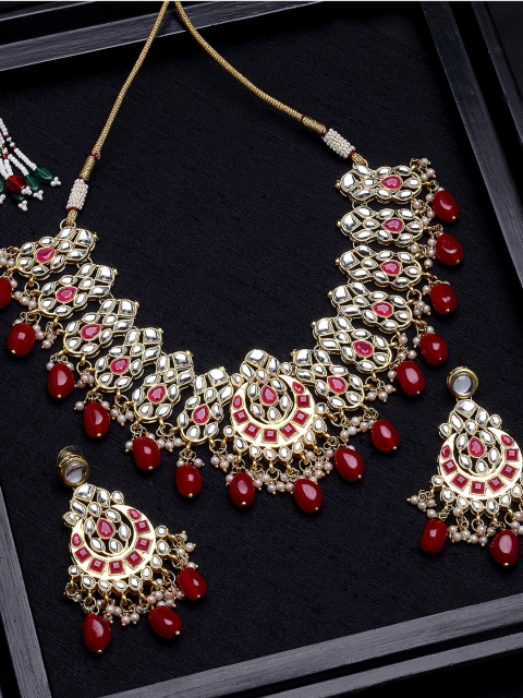 

KARATCART Woman Gold-Plated Red Kundan-Studded Handcrafted Traditional Jewellery Set