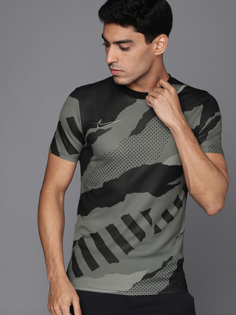 

Nike Men Black & Grey Camouflage Printed AS M NK GX TOP SS FP Dri-FIT T-shirt