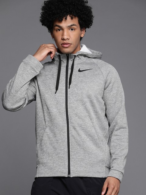 

Nike Men Grey Melange Solid Dri-FIT AS M NK TF FZ Hooded Sporty Jacket