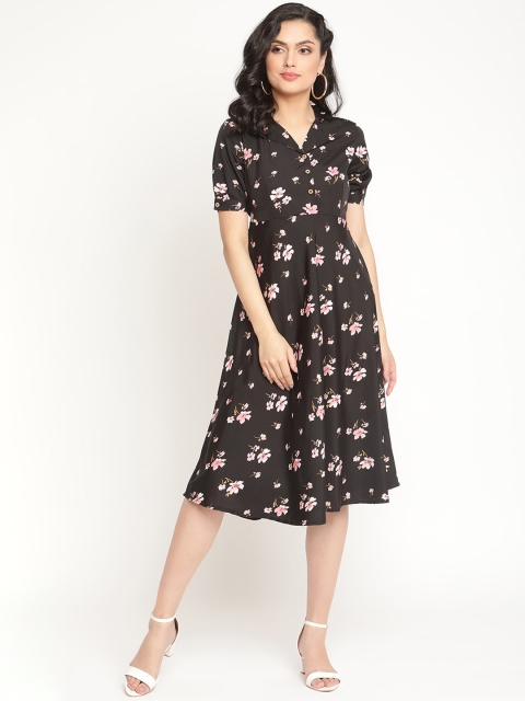 

The Vanca Black Floral Print Shirt Style Empire Design Dress