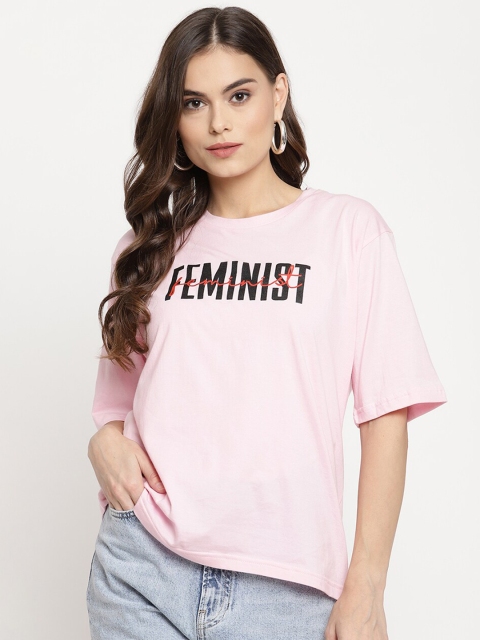 

The Vanca Women Pink Typography Printed Drop-Shoulder Sleeves Cotton T-shirt
