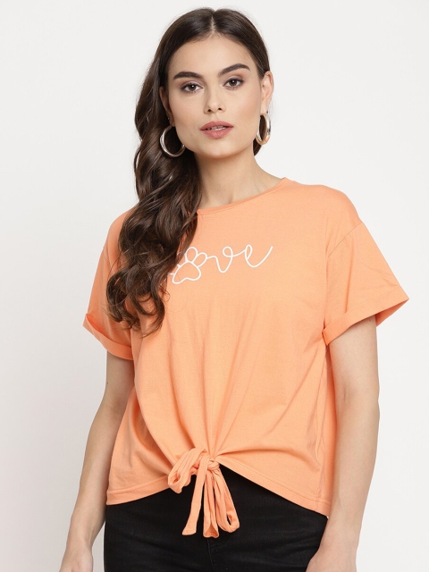 

The Vanca Women Orange Typography Drop-Shoulder Sleeves T-shirt