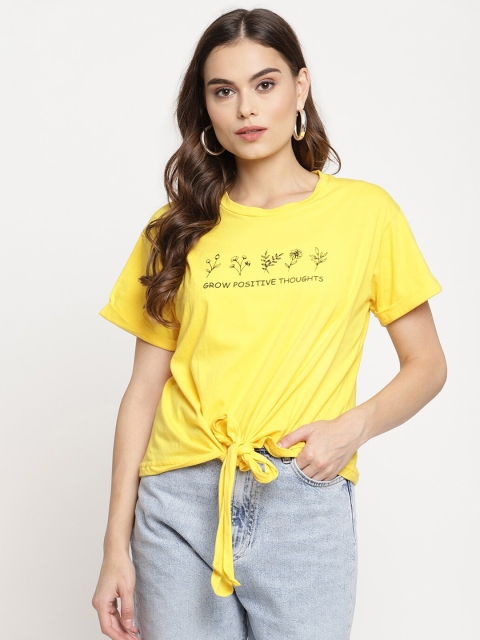 

The Vanca Women Yellow Typography Printed Drop-Shoulder Sleeves T-shirt
