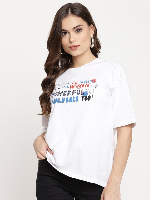 

The Vanca Women White Typography Printed Drop-Shoulder Sleeves Cotton T-shirt