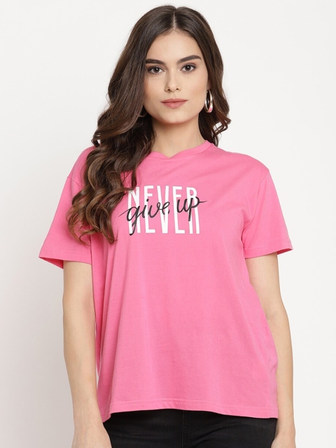 

The Vanca Women Pink Typography Printed Drop-Shoulder Sleeves Cotton T-shirt