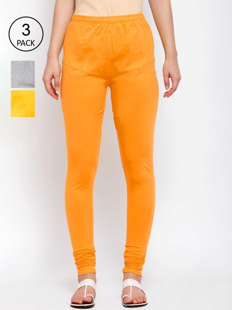 

KLOTTHE Women Pack Of 3 Solid Churidar-Length Leggings, Yellow