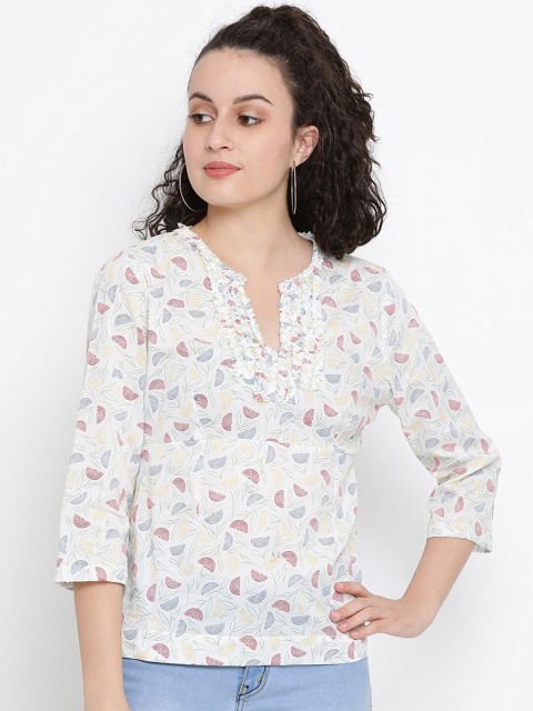 

SQew Off White Floral Ruffles Pure Cotton Regular Top