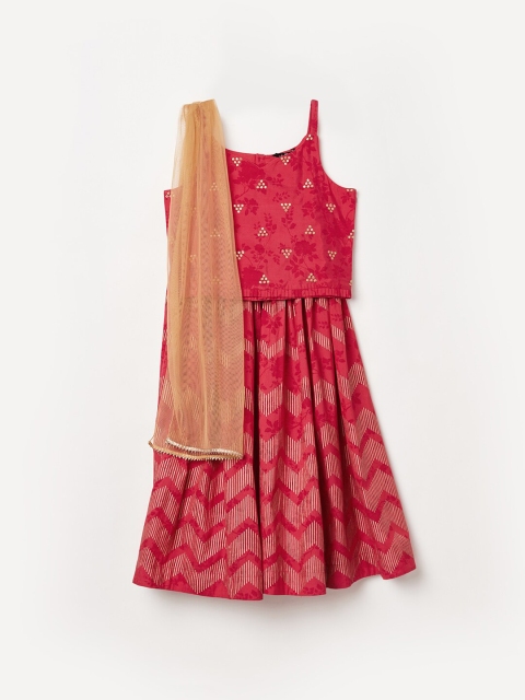 

Melange by Lifestyle Girls Red & Beige Embellished Top with Skirt