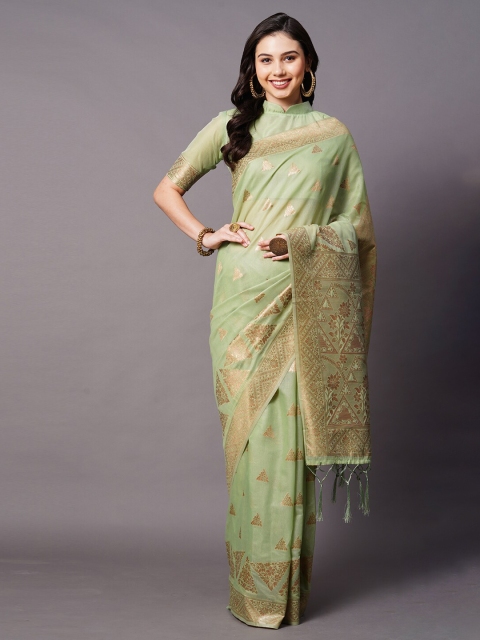 

Mitera Green & Gold-Toned Woven Design Zari Silk Cotton Banarasi Saree