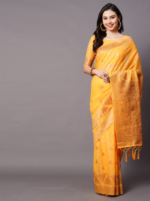 

Mitera Yellow & Gold Woven Design Zari Silk Cotton Banarasi Saree