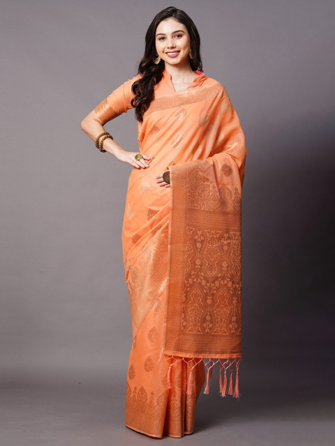 

Mitera Orange & Gold-Toned Woven Design Zari Silk Cotton Banarasi Saree