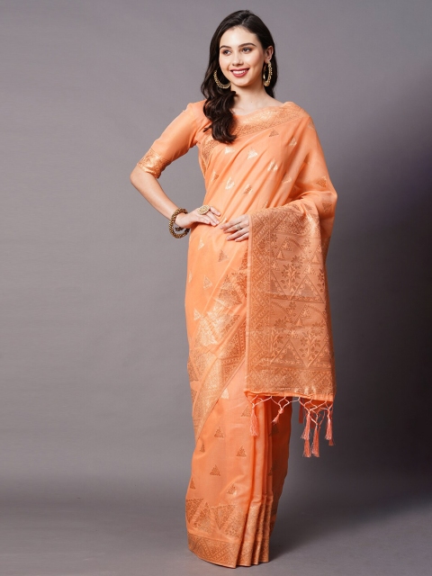 

Mitera Women Orange & Gold-Toned Woven Designed Silk Cotton Saree