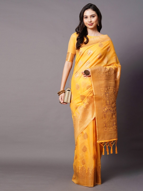 

Mitera Yellow & Gold-Toned Woven Design Zari Silk Cotton Banarasi Saree