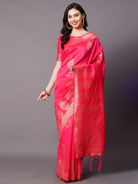 

Mitera Pink & Gold-Toned Woven Design Zari Silk Blend Banarasi Saree